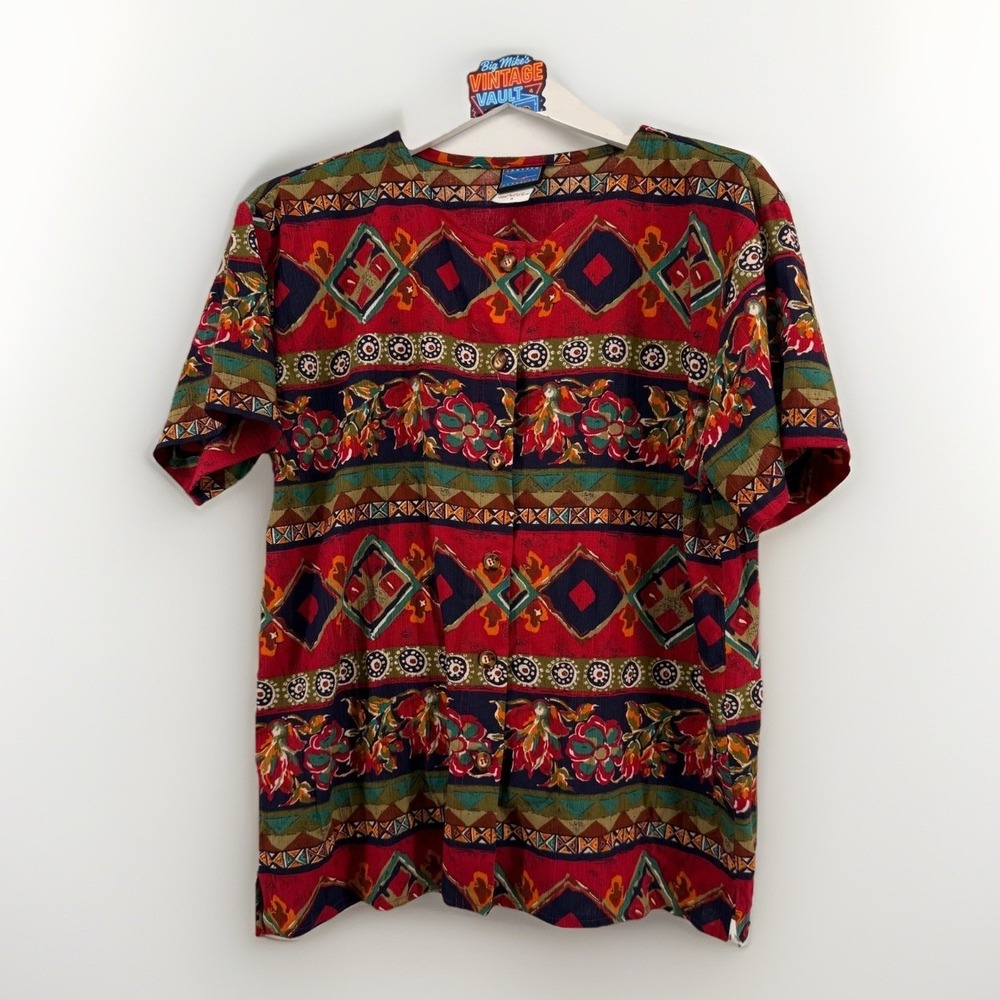 Vintage 90s Jantzen Classics Geometric Tribal Print Blouse Womens M Made in USA